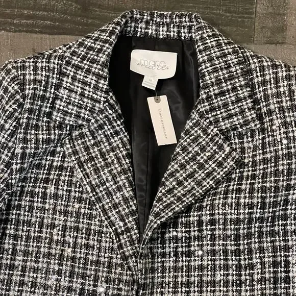 Anthropologie Mare Mare Sequin Tweed Coat Plaid Women’s M Black White New - Picture 9 of 16